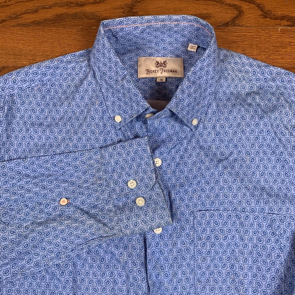 Hickey Freeman Shirt Men Medium Long Sleeve Button Down Blue Floral Cotton